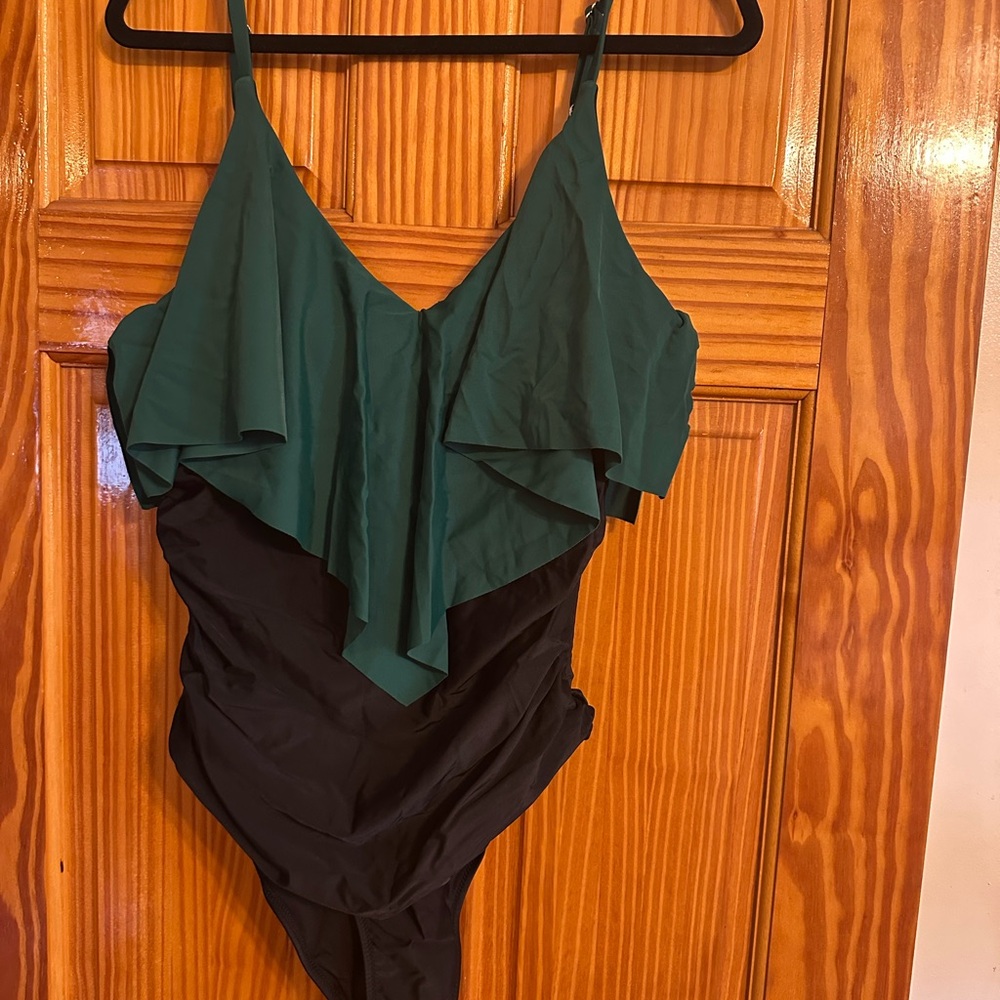 Green and Black Ruffled Swimsuit